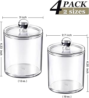 SheeChung 4 Pack Plastic Acrylic Bathroom Vanity Countertop Canister Jars with Storage Lid, Apothecary Jars Qtip Holder Makeup Organizer for Cotton Balls,Swabs,Pads,Bath Salts