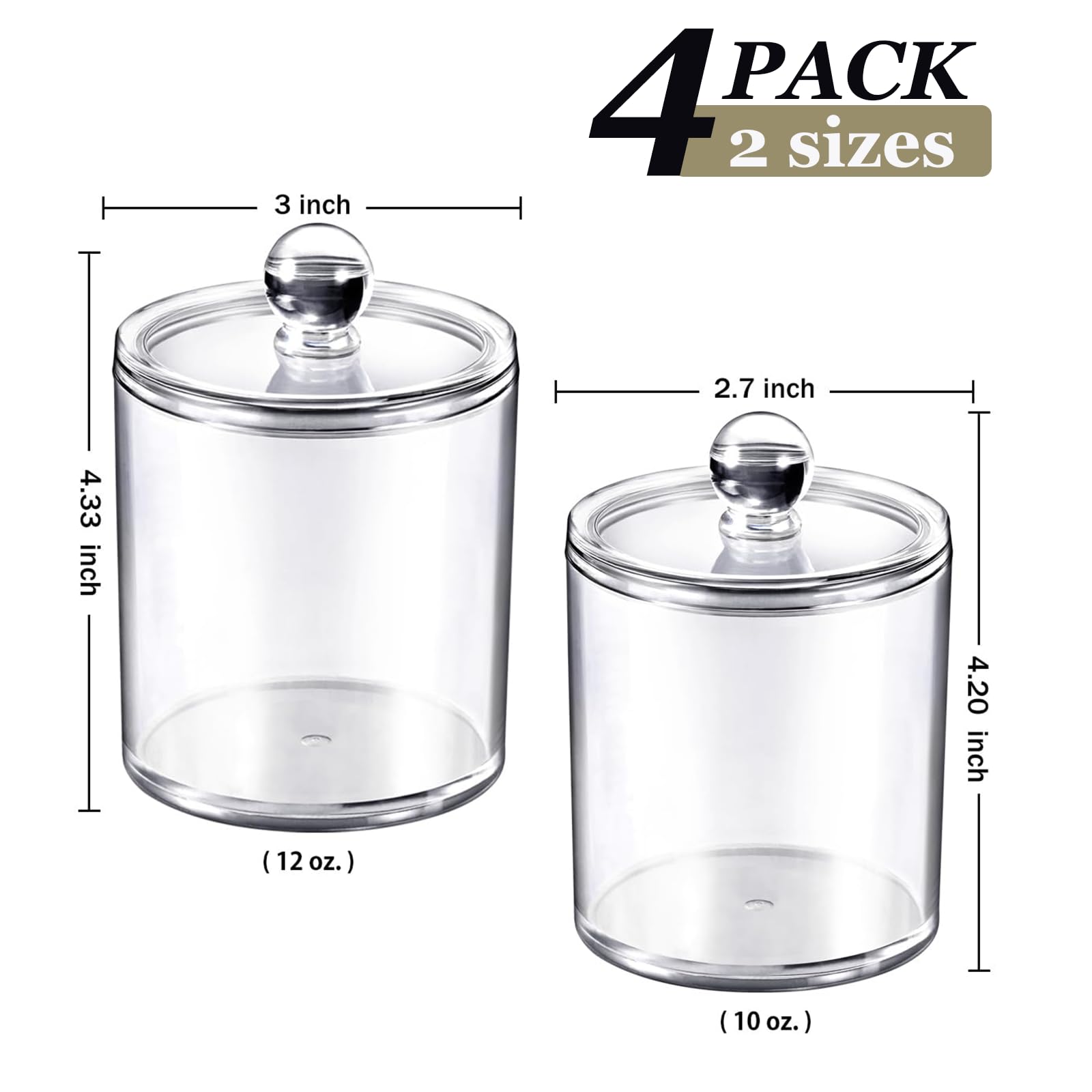 SheeChung 4 Pack Plastic Acrylic Bathroom Vanity Countertop Canister Jars with Storage Lid, Apothecary Jars Qtip Holder Makeup Organizer for Cotton Balls,Swabs,Pads,Bath Salts