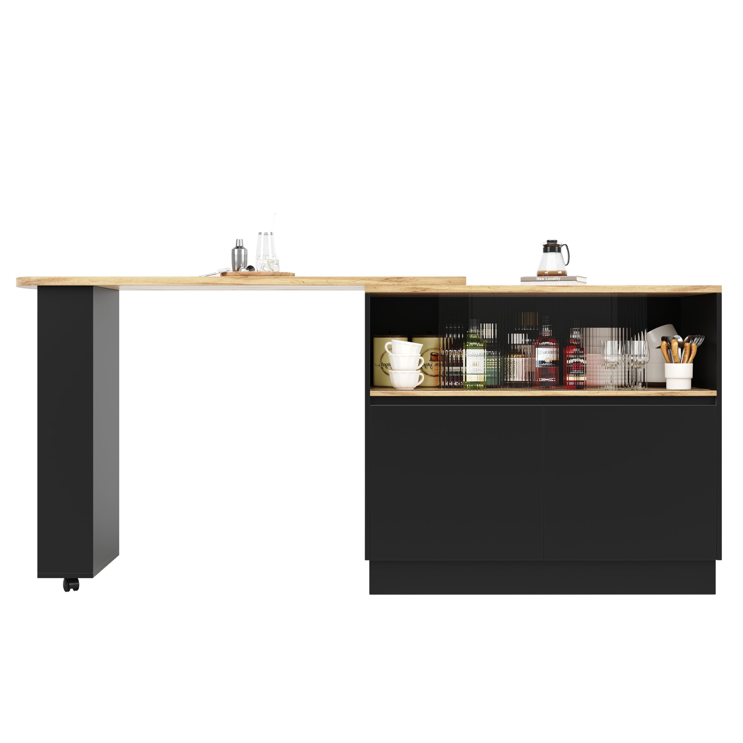 Azkoeesy Table de bar à manger rotative à 360° avec espace de rangement, 90 x 45 x 100-165 cm, avec roulettes, étagère latérale, portes coulissantes en verre, table haute, table de bistrot, table