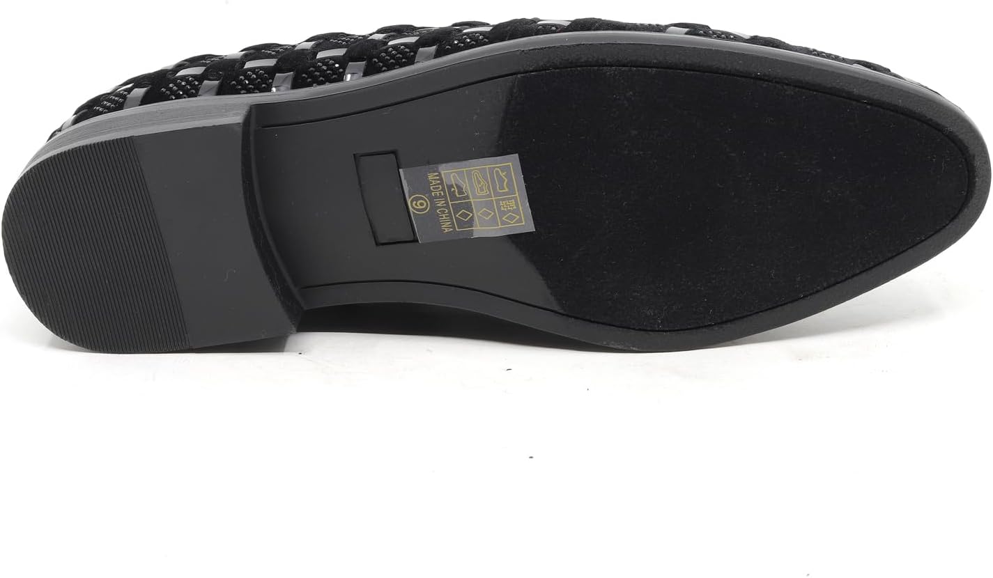 Metrocharm Luxury Velvet Woven Pattern Loafers with Gold Buckle Detail, Rhinestone Embellishments, Formal Dress Shoes, Slip-On Style SM-64 - Image 5