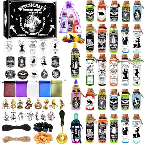 Ainswei Halloween 135Pcs Potion Bottles decoration for Indoor Home Room Party Supplies with Stone Witch Labels