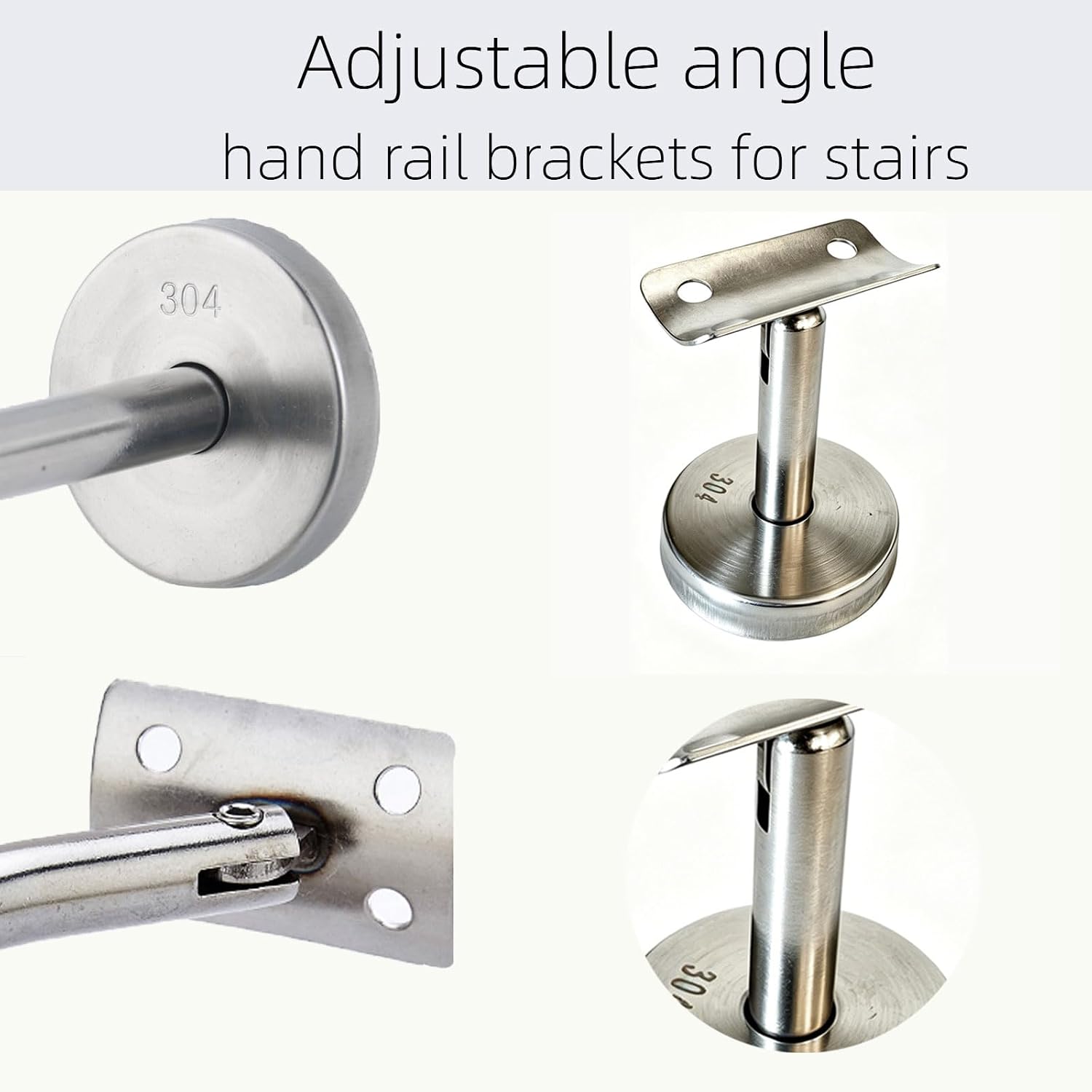 4 Pcs Adjustable 304 Stainless Steel Handrail Bracket，Hand Railing Brackets for Indoor & Outdoor Stairs，Upright Support Holder，Wall Mounted Banister Hardware for Round Wood, Metal Railing (I-Type)