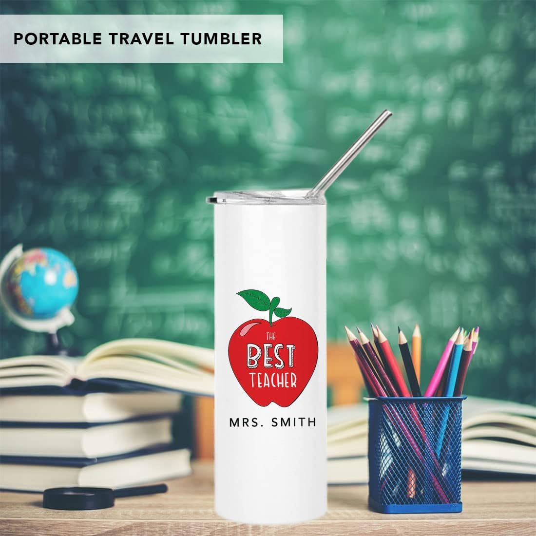Andaz Press Personalized Teacher Tumbler with Lid and Straw - 20 oz Skinny Insulated Tumbler For Women, Teacher Appreciation Gift