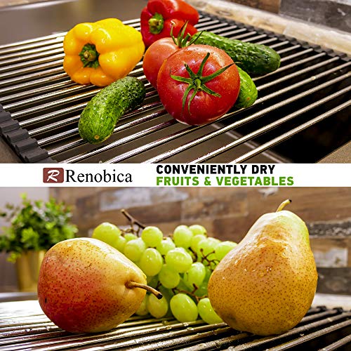 Renobica Roll Up Dish Drying Rack 21" X 16" - Over The Sink For Kitchen Counter, Foldable Sus304 Stainless Steel Dish Drying Rack For Cups, Utensils, Fruits, Vegetables #TOP2