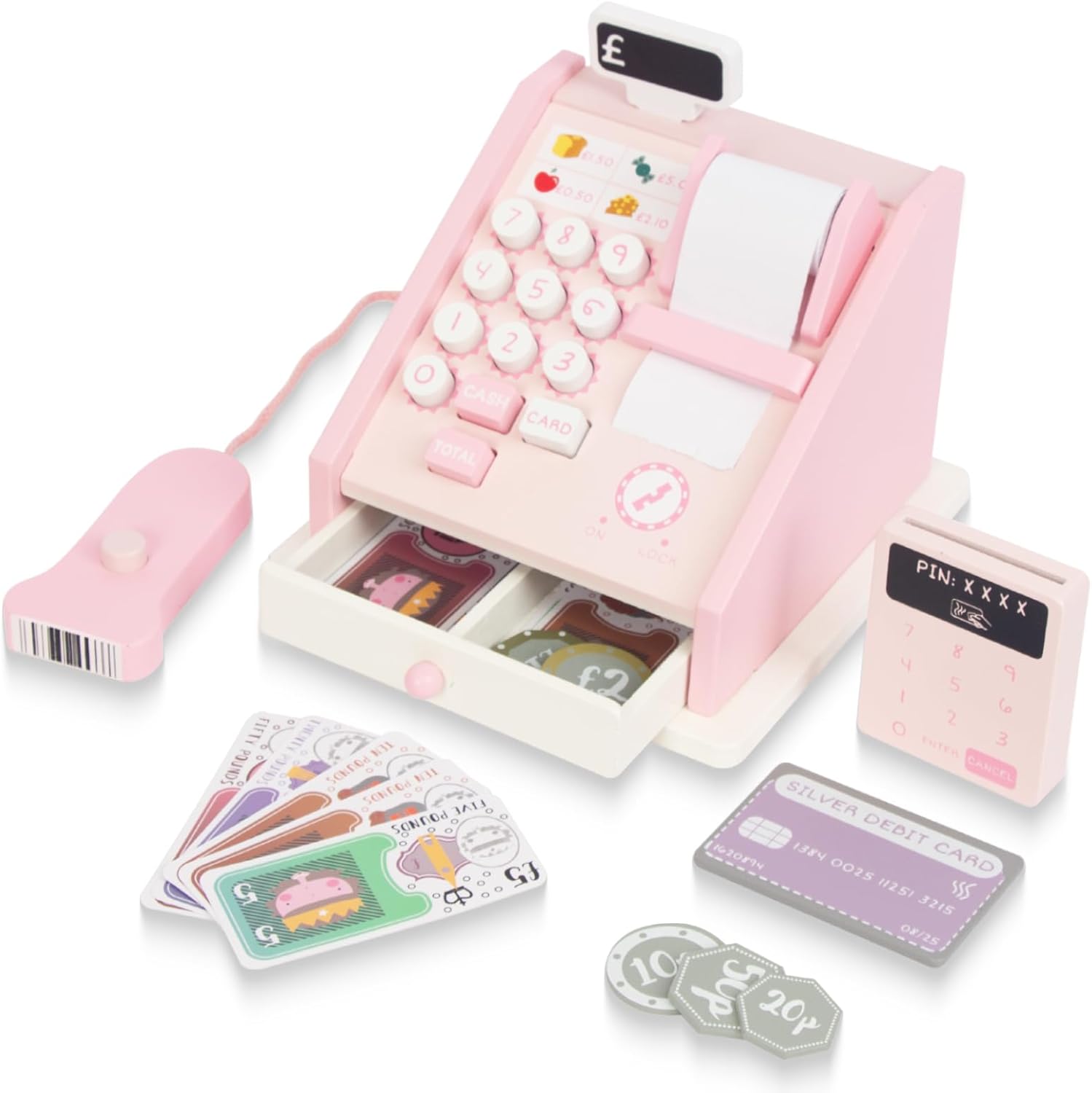 Wooden Pretend Play Calculator Cash Register, Kids Cash Register Play Money for Kids, Toys for Toddler Ages 3+ Develops Early Math Learning Skill