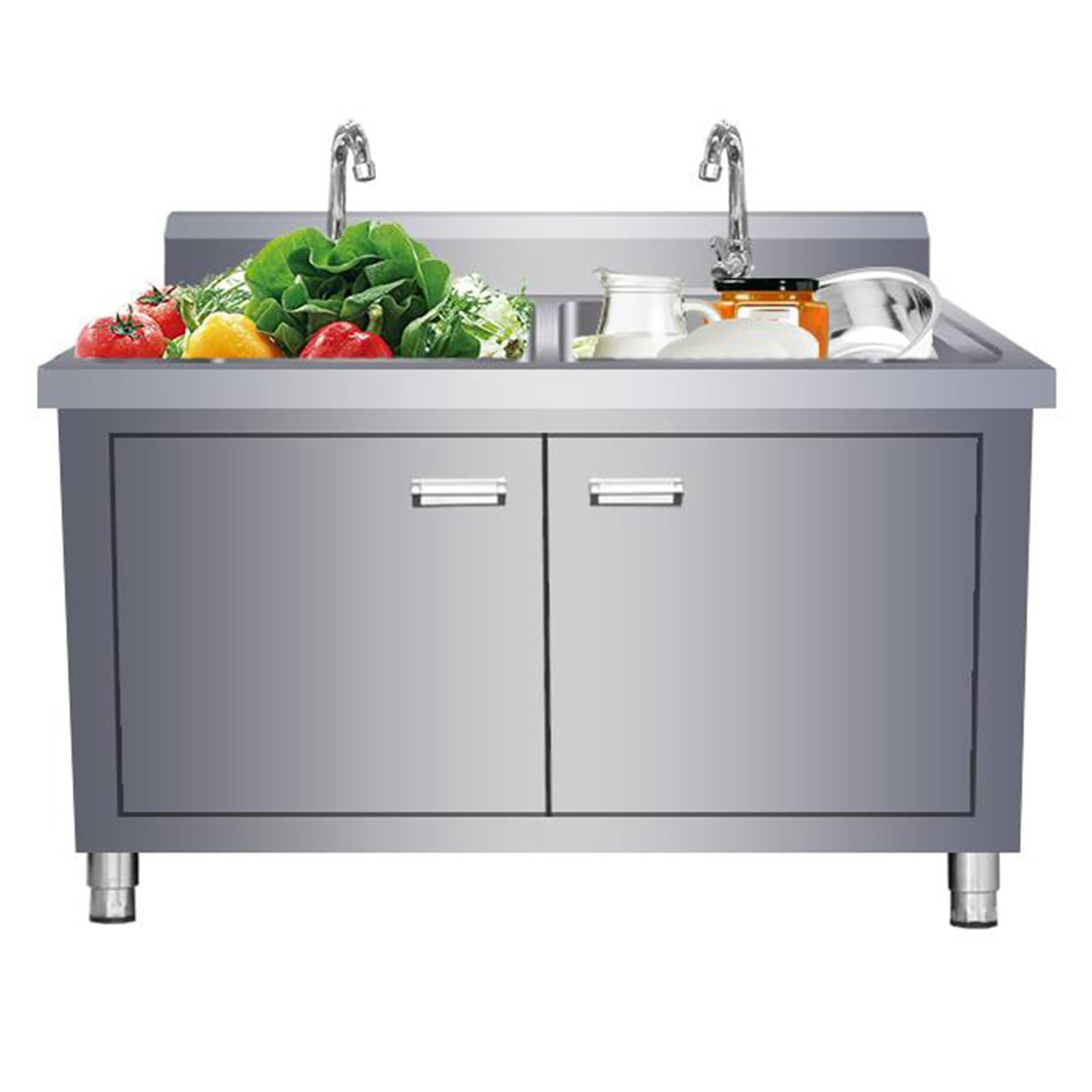 Free Standing Stainless-Steel Double Bowl, Commercial Restaurant Kitchen Sink Set W/Faucet & Drainboard, Prep Utility Washing Hand Basin W/Workbench Storage Shelves