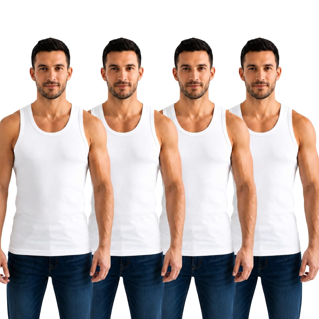 Men’s Cotton Vest Pack of 4 White Bio-Washed Breathable Sleeveless Innerwear Extended Length Label Free XS-2XL-image-42
