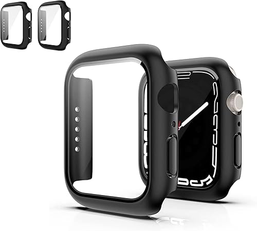 Paquete de 2 Funda compatible con Apple Watch Series 7 de 1.614in con protector de pantalla de vidrio templado integrado (negro 1.614in)