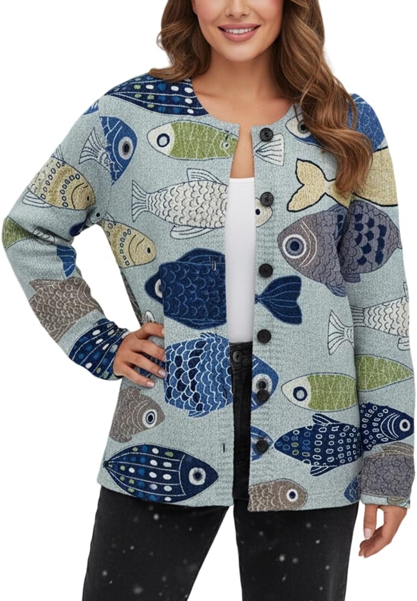 White Bird Print Cardigan Sweaters for Women Long Sleeve Knit V Neck Button Casual Lightweight Coat for Fall Winter