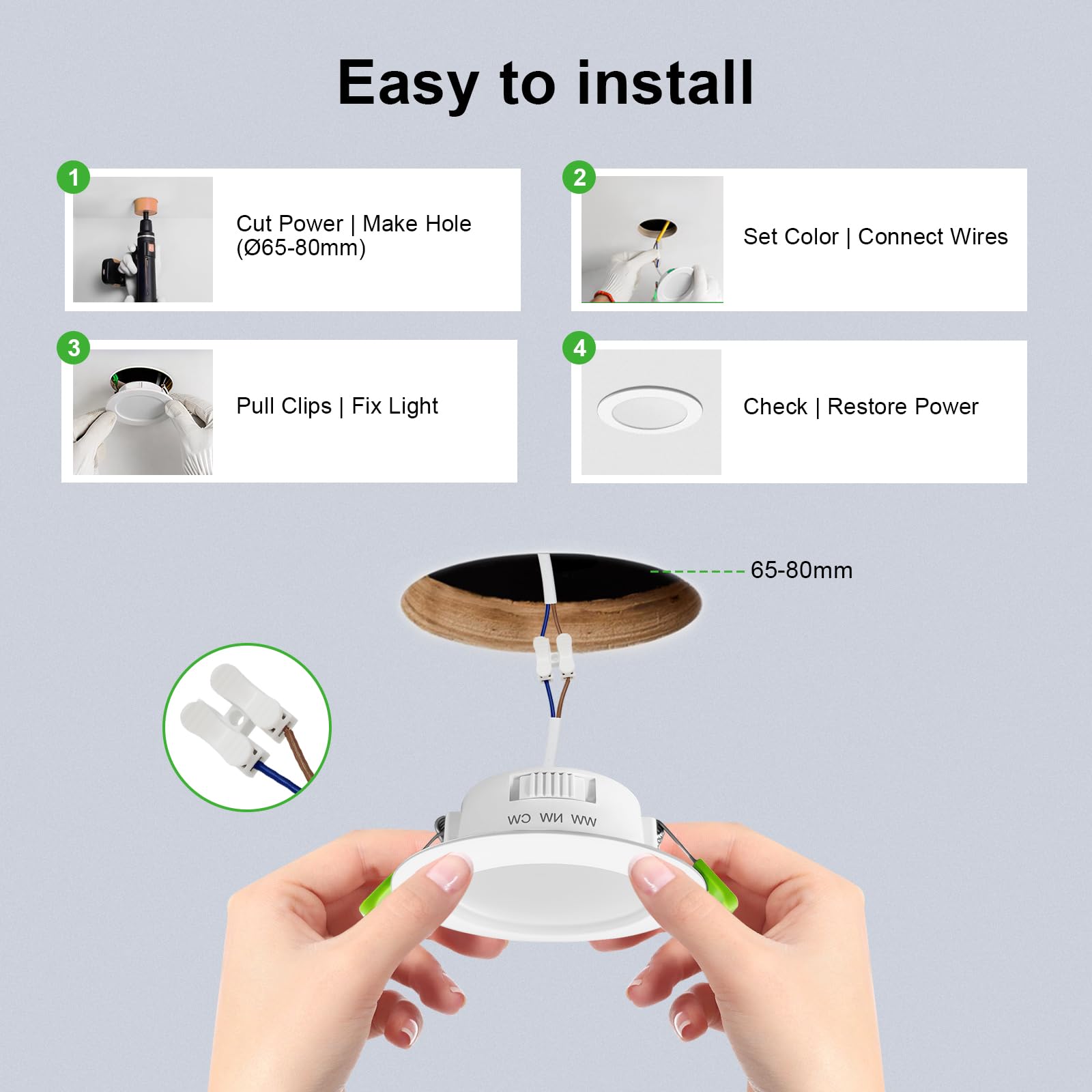 GY Set da 12 Classe B Faretti LED da Incasso per Cartongesso Dimmerabil, 3.5W 552LM Faretti LED Soffitto 3000K Caldo 4000K Neutro 6500K Freddo Regolabili, IP44 Luci da Incasso per Bagno, Φ65-80mm