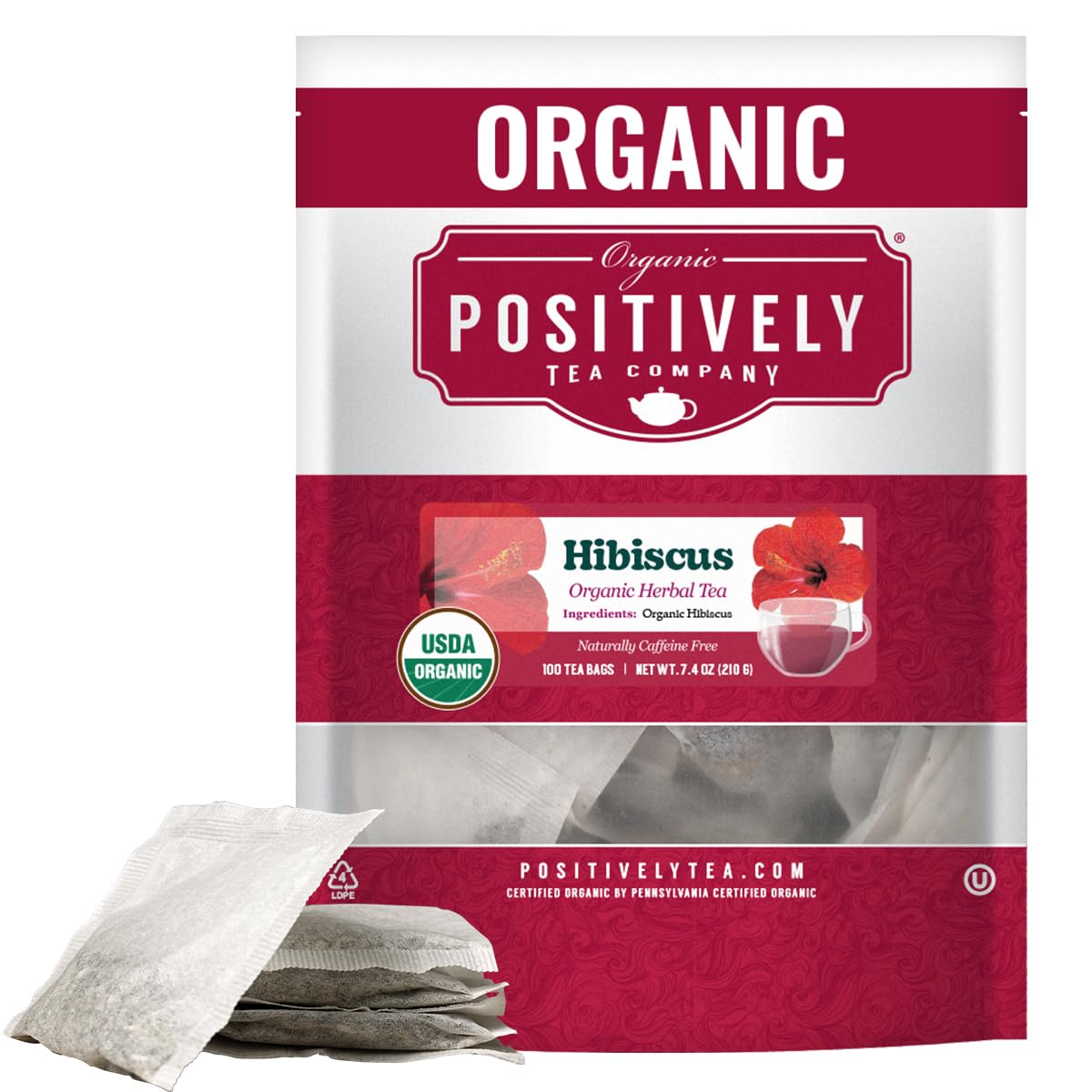 Organic Positively Tea Company, Hibiscus Herbal Tea Bags, 100 Count, Eco-Friendly Tea Bags, Non-GMO