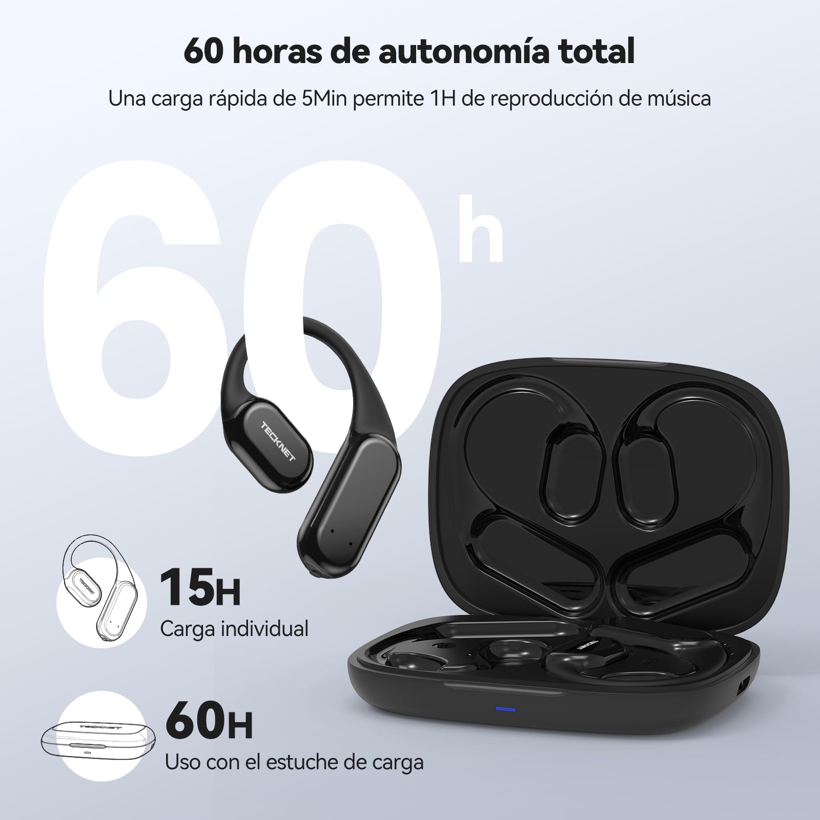 TECKNET Auriculares Conduccion Osea, Auriculares Inalambricos Bluetooth | 60H de Autonomía con Carga Rápida, Clasificación de Impermeabilidad IP68, Auriculares Inalambricos Deportivos Ligeros.