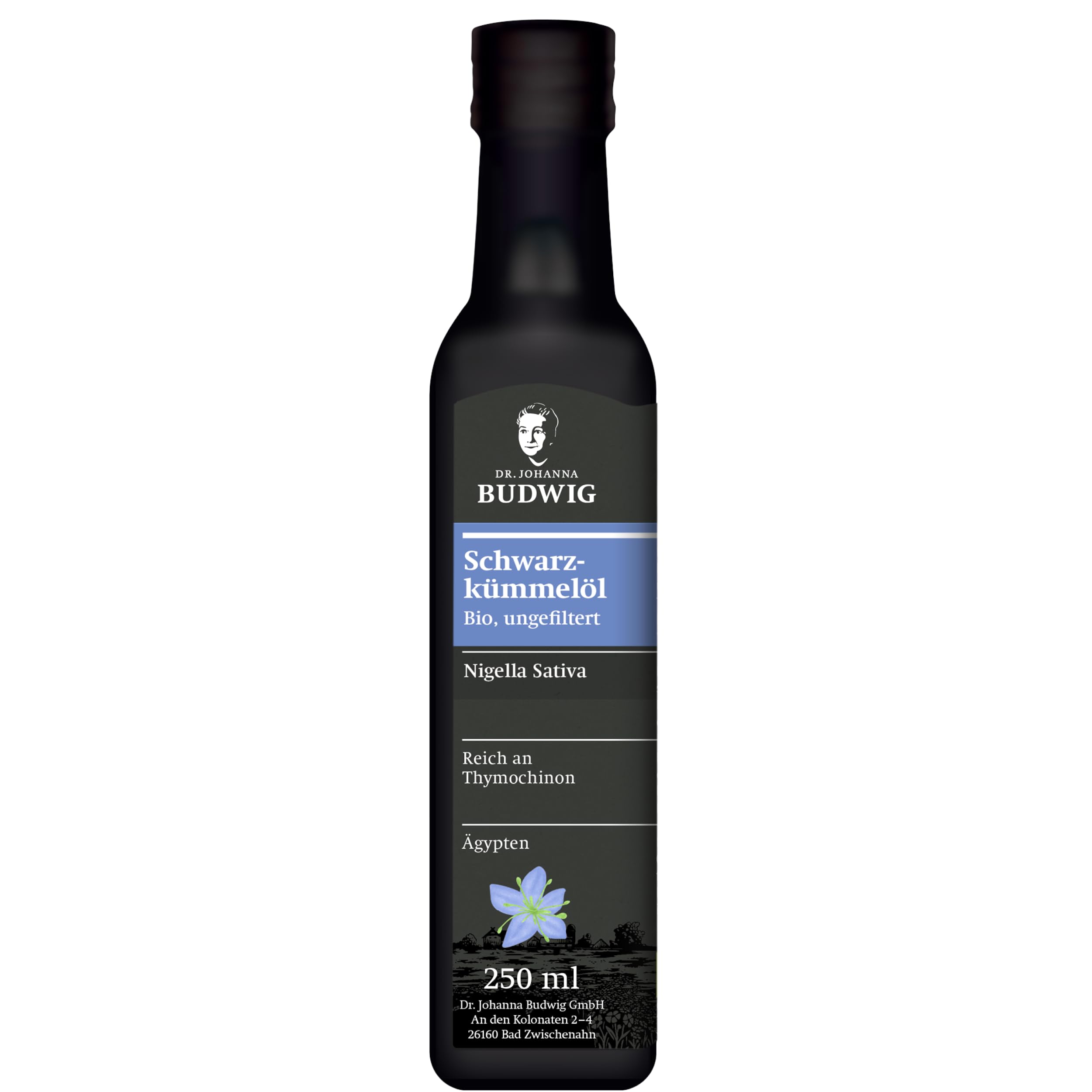 Dr. Budwig Premium Bio Schwarzkümmelöl ungefiltert (250ml) - nigella sativa - ätherisches Öl aus Ägypten - Vitamin E - 760mg Thymochinon - Linolsäure - kaltgepresst - laborgeprüft - naturrein