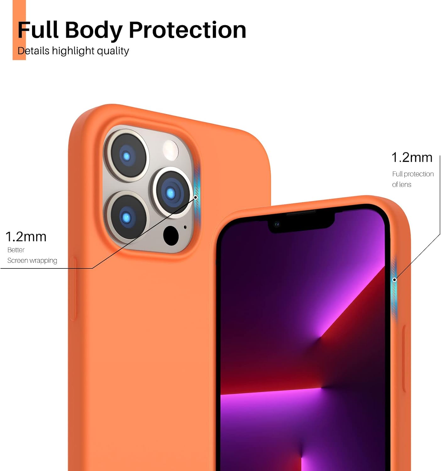 ORNARTO Compatible with iPhone 13 Pro Case 6.1, Slim Liquid Silicone 3 Layers Full Covered Soft Gel Rubber Case Cover 6.1 inch-Orange