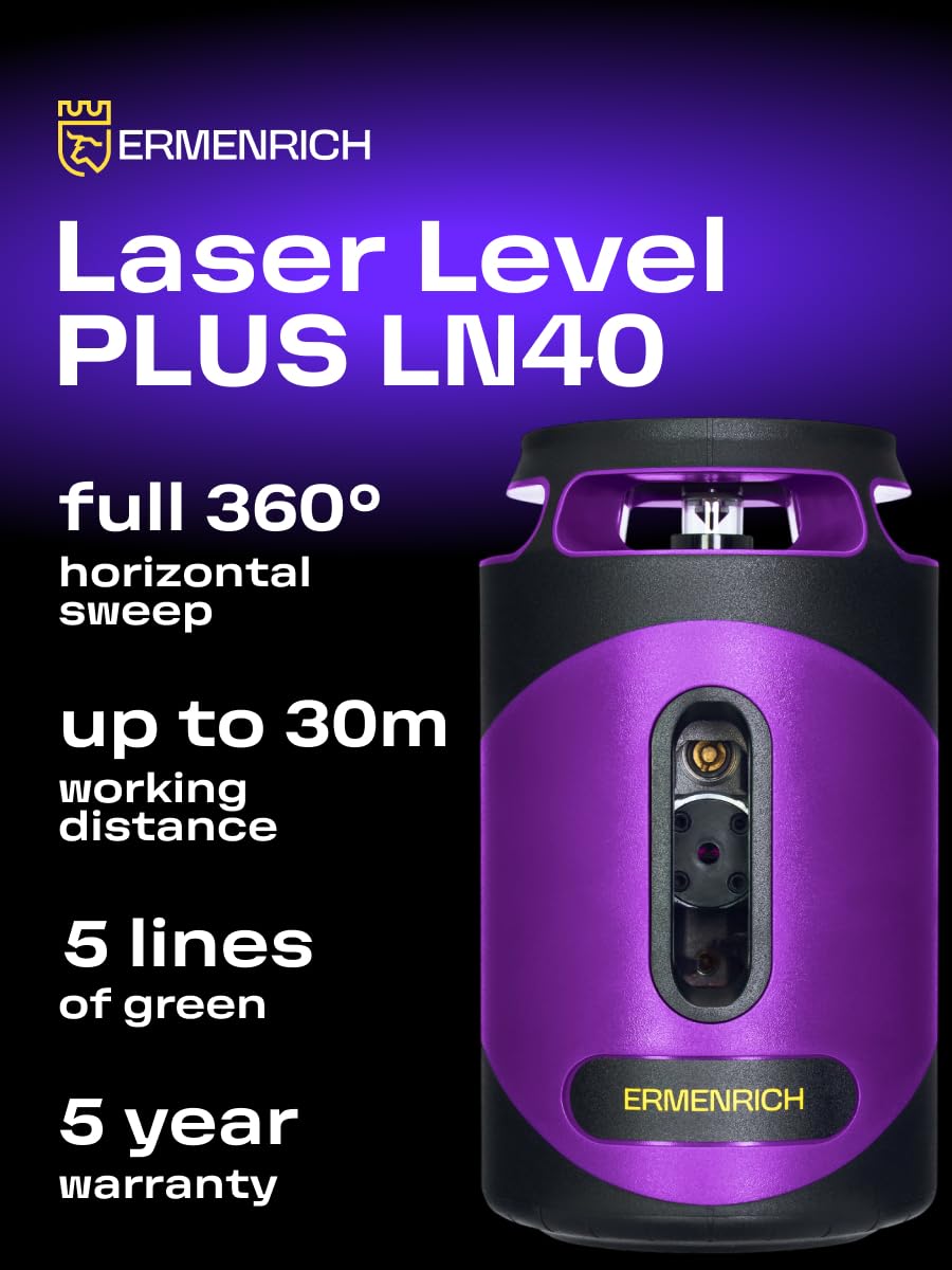 PLUS LN40 Samopoziomujący Poziomica Laserowa Tryb Impulsowy 30 m Zielona Wiązka 5 Linii — 360° — IP54 Kompaktowa Ładowalna Uchwyt w Kształcie L Typu C W Zestawie
