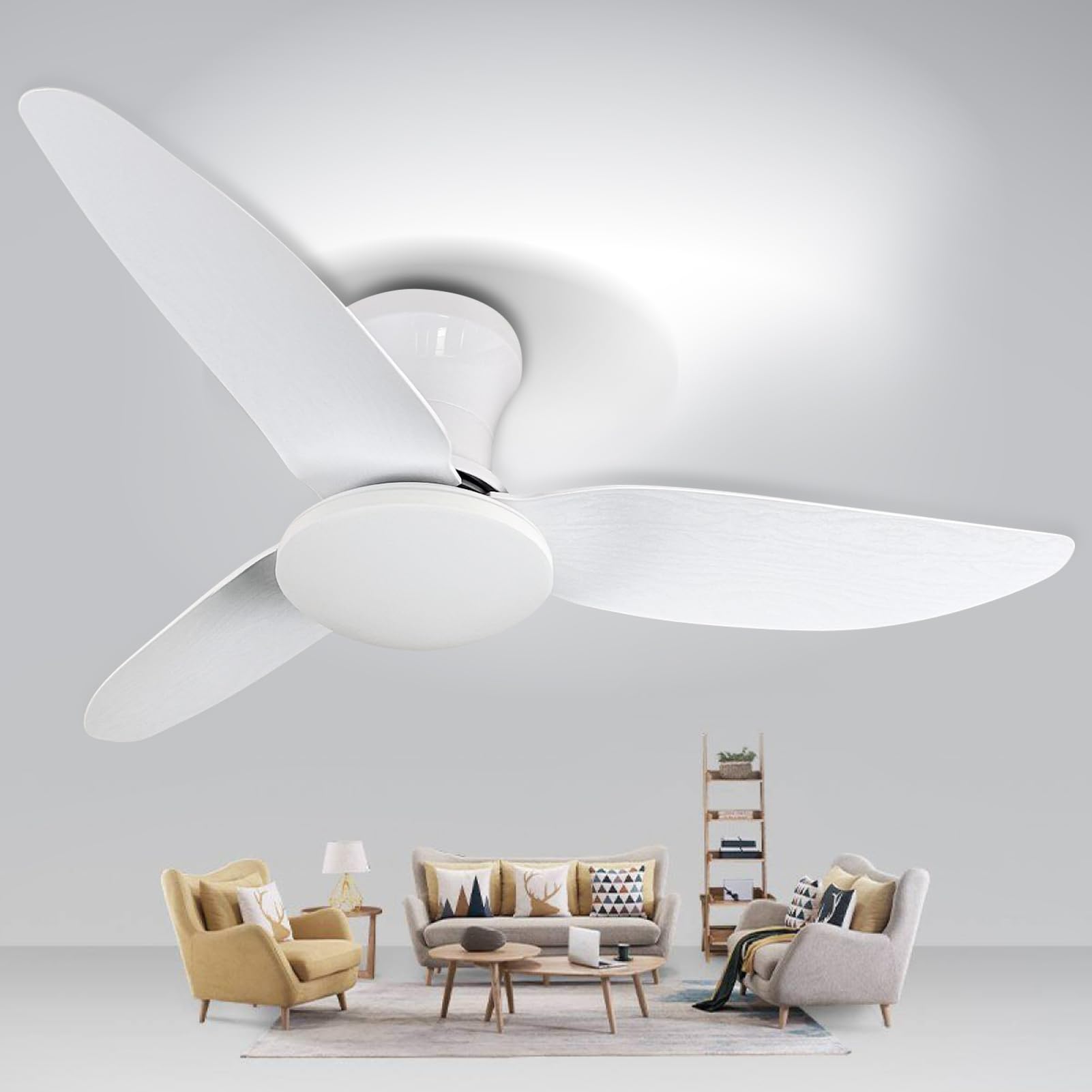 100cm Luz de Ventilador de Techo Blanco con Mando a Distancia y APP Control, Temporizador, Infinitamente Variable, 3 Palas, 6 Velocidades, Ventiladores de Techo Ligeros para Dormitorio Salón
