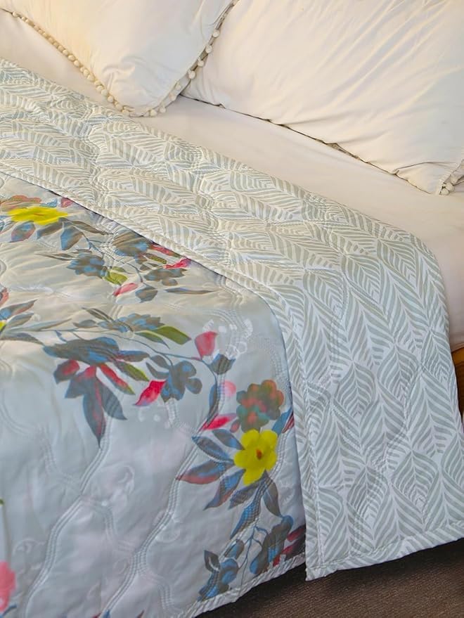 Image of SHOPINGTRADE Dohar Double Bed Cotton Blankets for Summer Ac Comforter and Cooling Blankets for Summer Grey Color Classic Printed Design Quilt Ideal for Gifting (RED Flower Design, Double Bed)