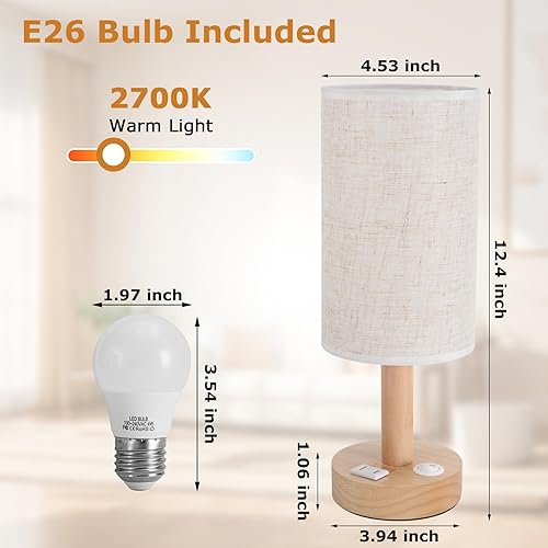 Miniatura 4 de Lámpara de mesita de noche pequeña con salida de CA, base de madera natural y pantalla de lino, mini bonita y acogedora mesita de noche blanca