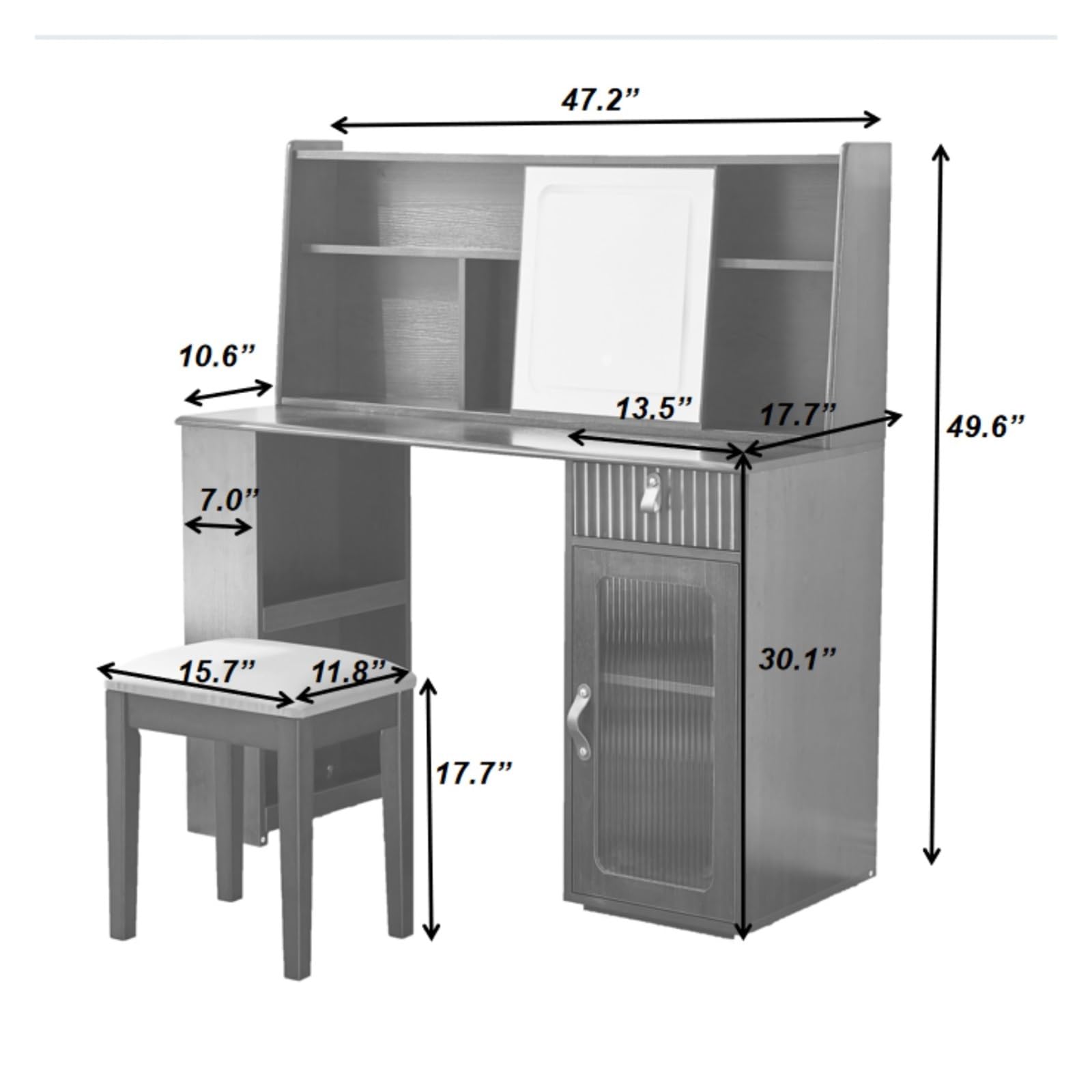 Elegant Makeup Vanity Desk with 3 Modes Adjustable Lighted Mirror,Modern Dressing Table Set Large Shelves, Drawer and Canbinet,Walnut
