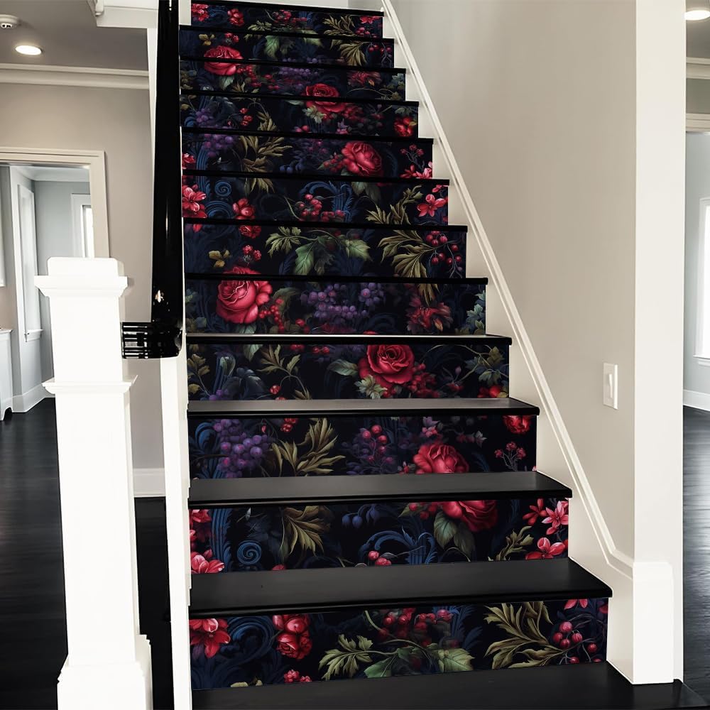 REDAMANCY Dark Rose Flower Vintage Baroque Peel and Stick Vinyl Stair Riser Decals Staircase Tile Stair Stickers Abstract Art Modern Decoration Self-Adhesive Home Decor Stair Decals (14 Pcs)