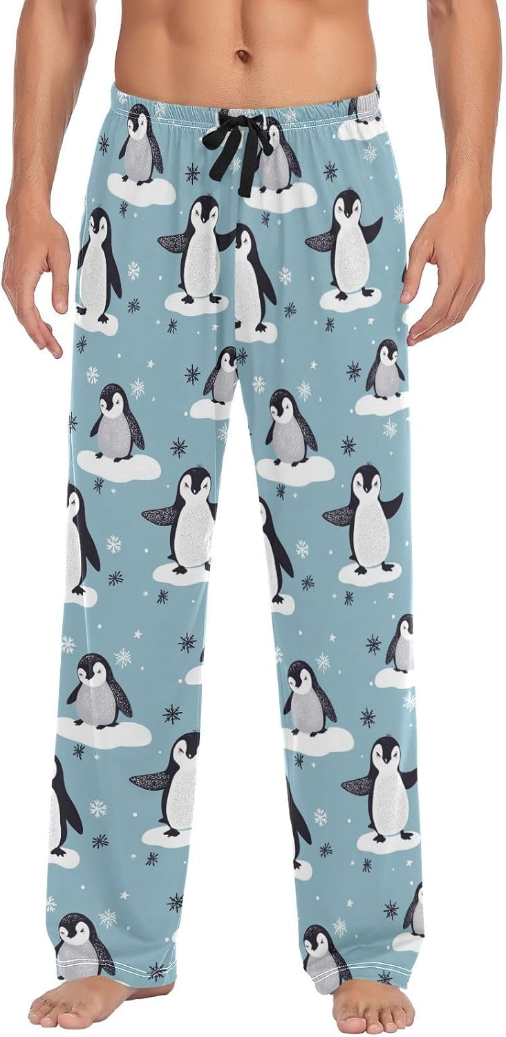 Christmas Winter Men's Pajama Pants Cute Penguins and Snowflakes Super Soft Lounge Pajama Bottoms with Pockets
