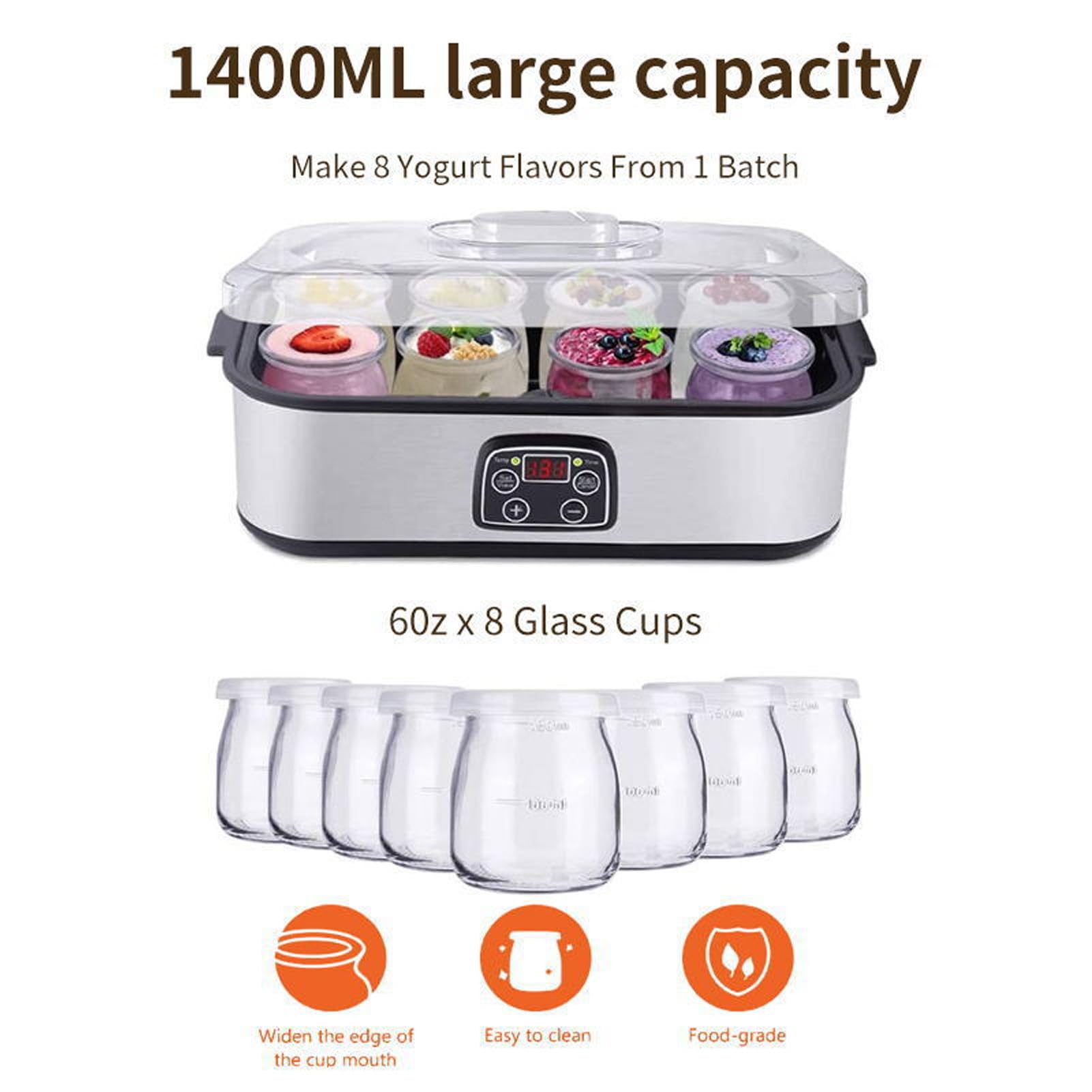 TOPINCN Máquina Eléctrica para Hacer Yogur, Máquina para Hacer Yogur Digital, Temperatura Ajustable Automática con 8 Frascos de Vidrio de 1,4 L para Pudín de Helado de Mermelada (Enchufe europeo 220V)