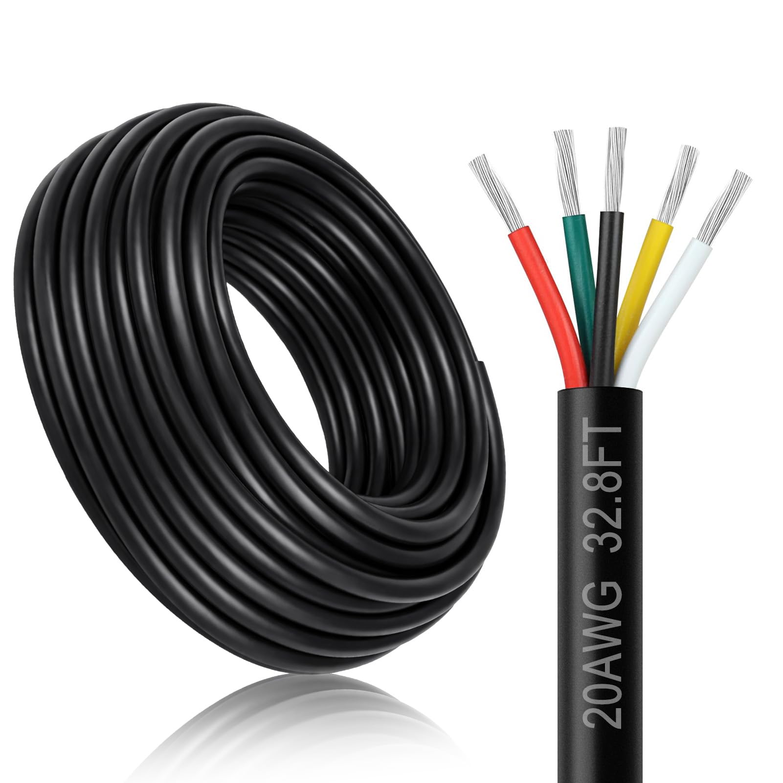 20 Gauge 5 Conductor Electrical Wire, 32.8FT 20AWG Black PVC Stranded Tinned Copper 5 Wire Cable, 20/5 Extension Cable for LED Lamp Lighting, Automotive, Speaker, Access Control, etc.