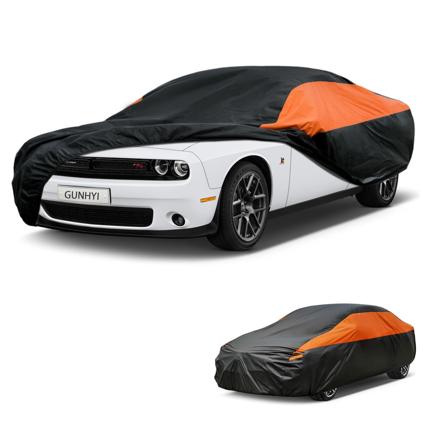 GUNHYI Waterproof Coupe Full Car Cover Custom Fit Dodge Challenger | All‑weather Outdoor sun/rain/dust/snow/wind/UV protection, breathable lightweight fabric, black‑orange design,storage bag