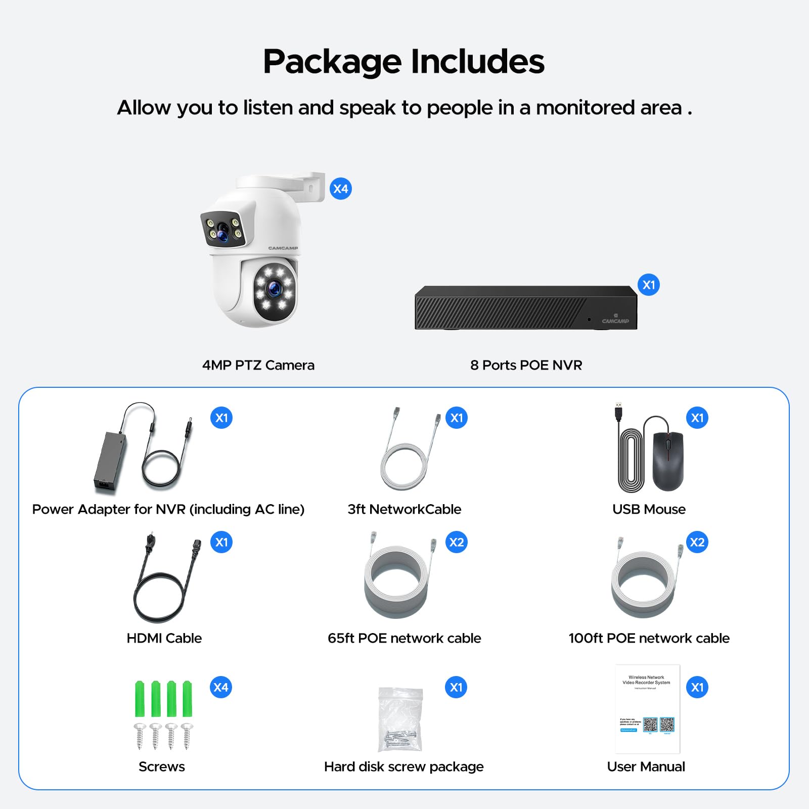 CAMCAMP 4MP Kit Videosorveglianza POE Doppia Lente, 8CH NVR Kit Telecamere Videosorveglianza POE con 500GB HDD,4X2K PTZ Telecamera IP,Visione Notturna a Colori,Rilevamento Movimento,Auto Tracciamento