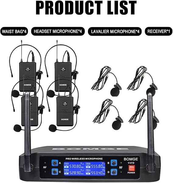 BOMGE Wireless Microphone System, Pro 4-Channel Cordless Mic Set with Four Handheld Mics, Fixed Frequency, Long Range 200ft, Ideal for Church, Karaoke, Events (V410B)