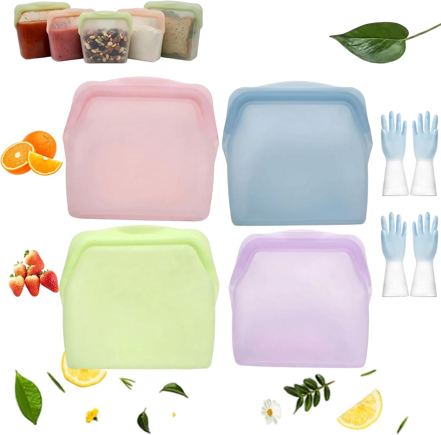 Original Premium Silicone Storage, Reusable Silicone Food Storage Bags, Leak-Proof Upright Freezer Bags, Odor-Proof, High-Temperature Resistant, Microwave and Dishwasher Safe (MIX*4)