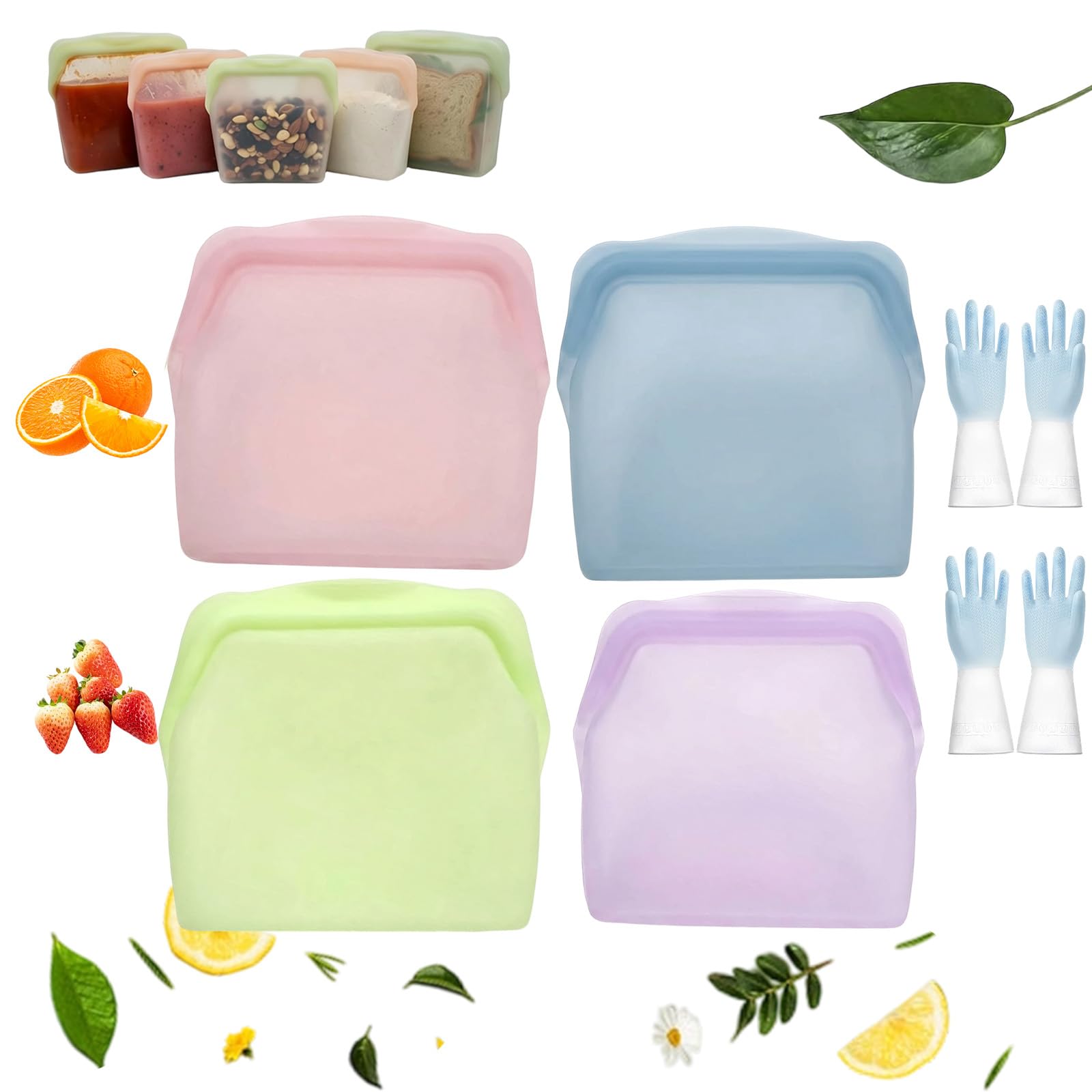 Original Premium Silicone Storage, Reusable Silicone Food Storage Bags, Leak-Proof Upright Freezer Bags, Odor-Proof, High-Temperature Resistant, Microwave and Dishwasher Safe (ABCD)