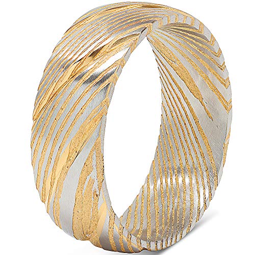 100S JEWELRY Damascus Steel Ring Men Wedding Band Two Tone Gold Silver Dome Comfort Fit Size 8-16 (Damascus, 9.5)