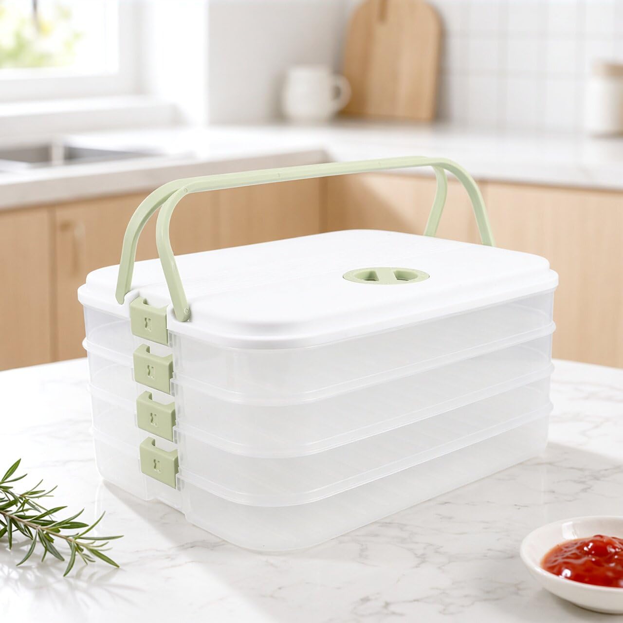 Recipiente rectangular para guardar empanadillas con 4 niveles - Caja rectangular para empanadillas, ideal para el frigorífico, como recipiente para aperitivos, queso, verduras y donuts, con