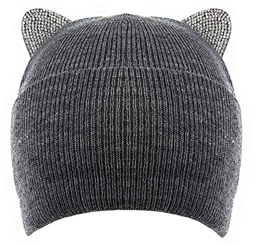 Bonnet en maille fine doublée avec oreilles de chat aspect diamant - Gris - Taille Unique