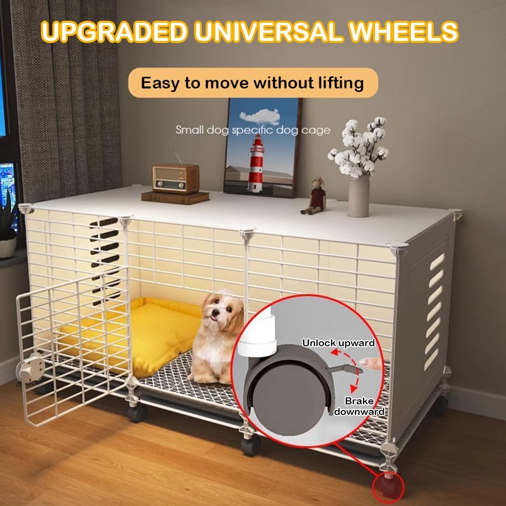 Dog Crate Furniture for Small Dogs, Dog Crate End Table 42.91 Inch with Wheels & Pull-Out Tray, Furniture Style Indoor Dog Kennel, Wired Plastic Pet Cage Crate for Small Medium Large Pet