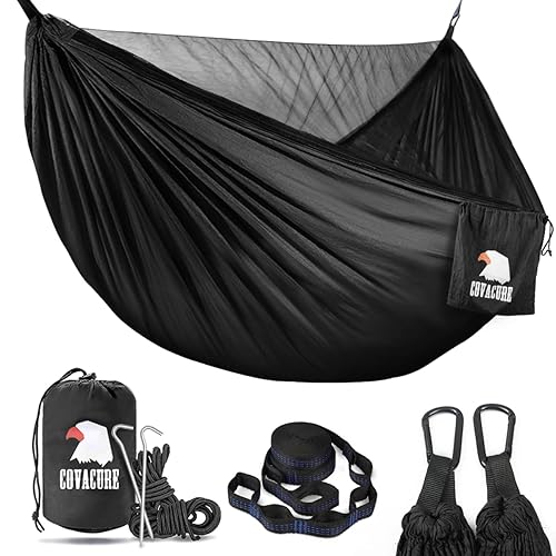 Covacure Camping Hammock - 772lbs Capacity Double Hammock with Tree Straps, Lightweight Parachute Nylon Outdoor Survival Gear for Hiking, Backpacking, Travel or Backyard (Black)