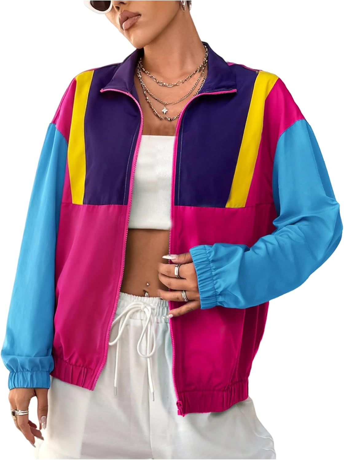 SweatyRocks Women's Lightweight Windbreaker Patchwork Zipper Sport Jacket Coat Outerwear