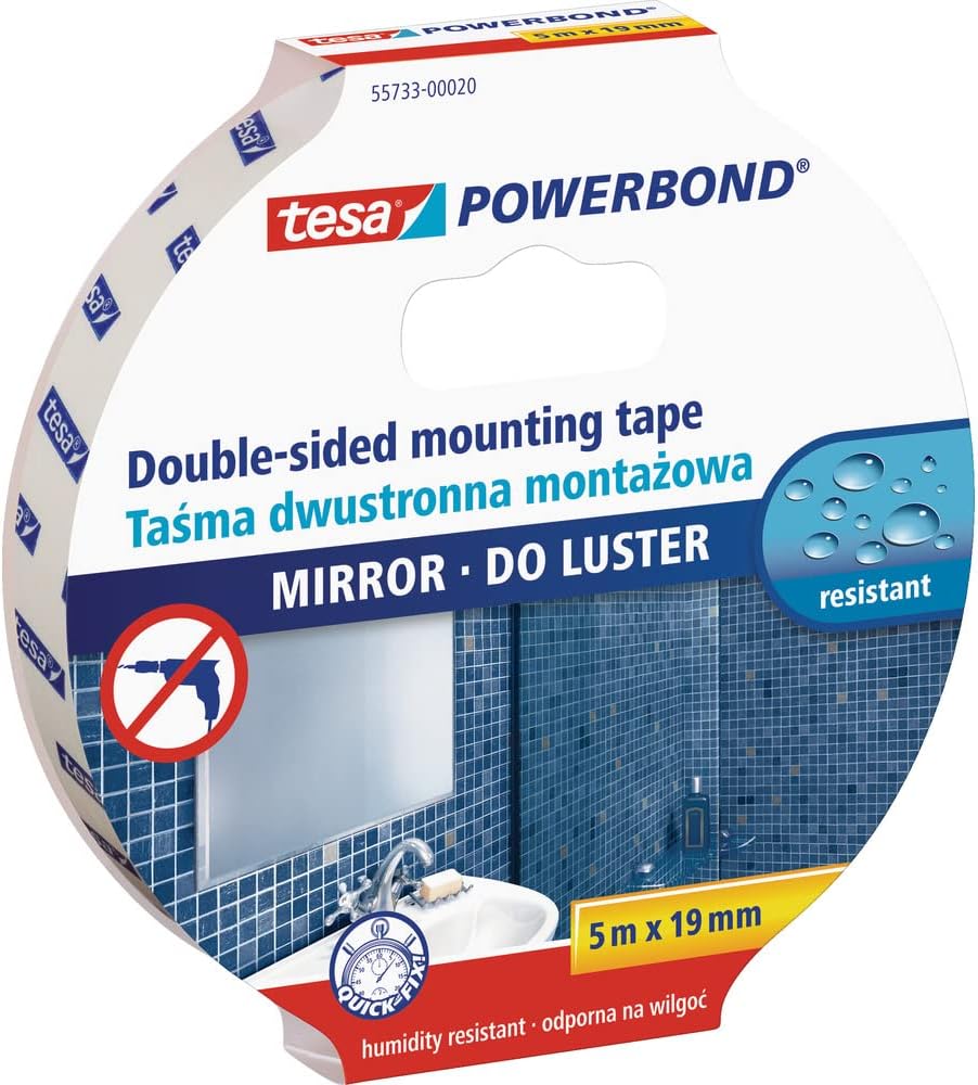 UK tesa Powerbond MIRROR - Double-Sided Mounting Tape for Mirrors - Humidity-Resistant Adhesive Tape for Bathrooms and Showers - 5 m x 19 mm, White, Mirror 5m x 19mm (55733-00017-02)