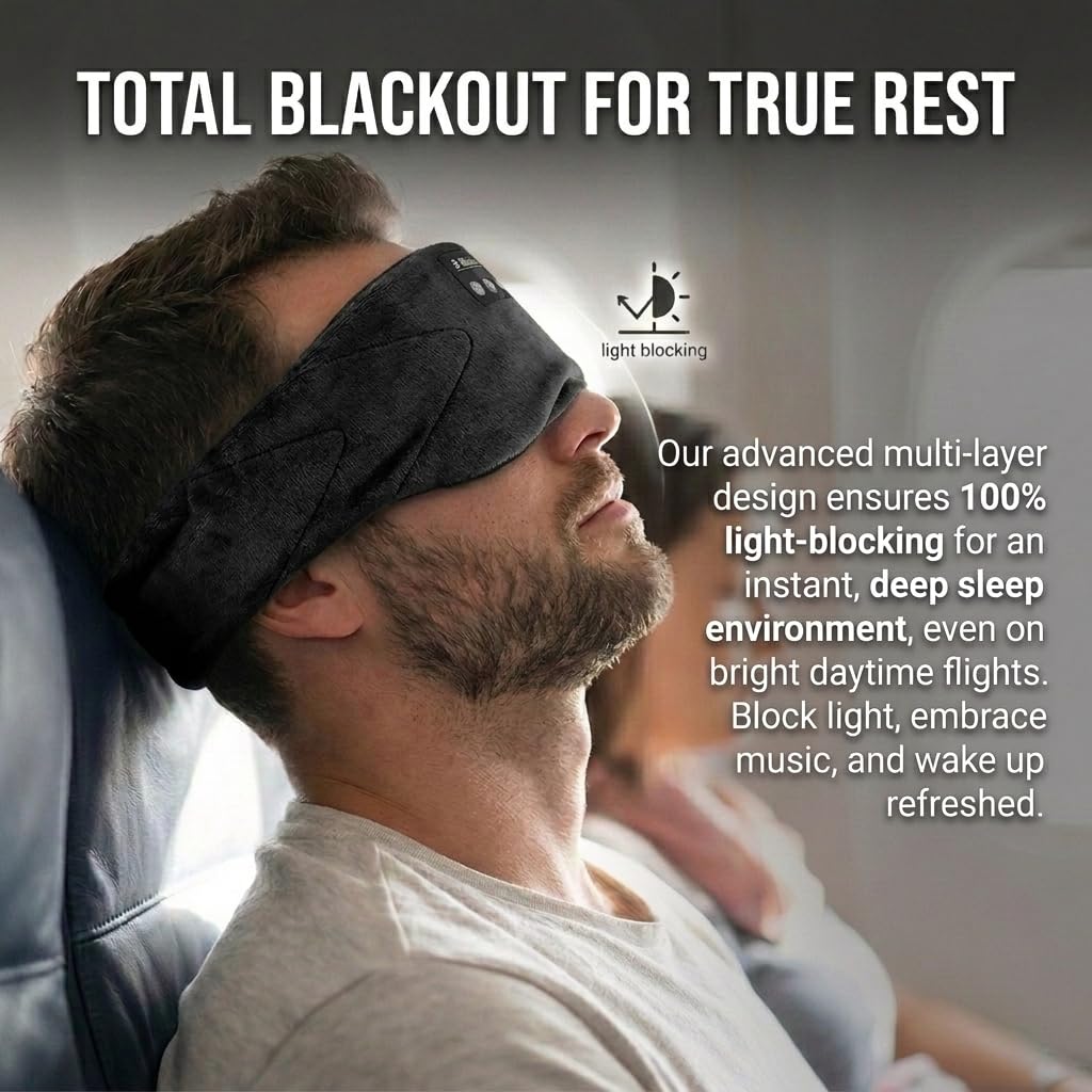 Sleepals - Antifaz para dormir con auriculares con ruido blanco, batería de 35 horas de duración, altavoces integrados para dormir de lado, bloqueo de luz 100%, transmisión inalámbrica de música