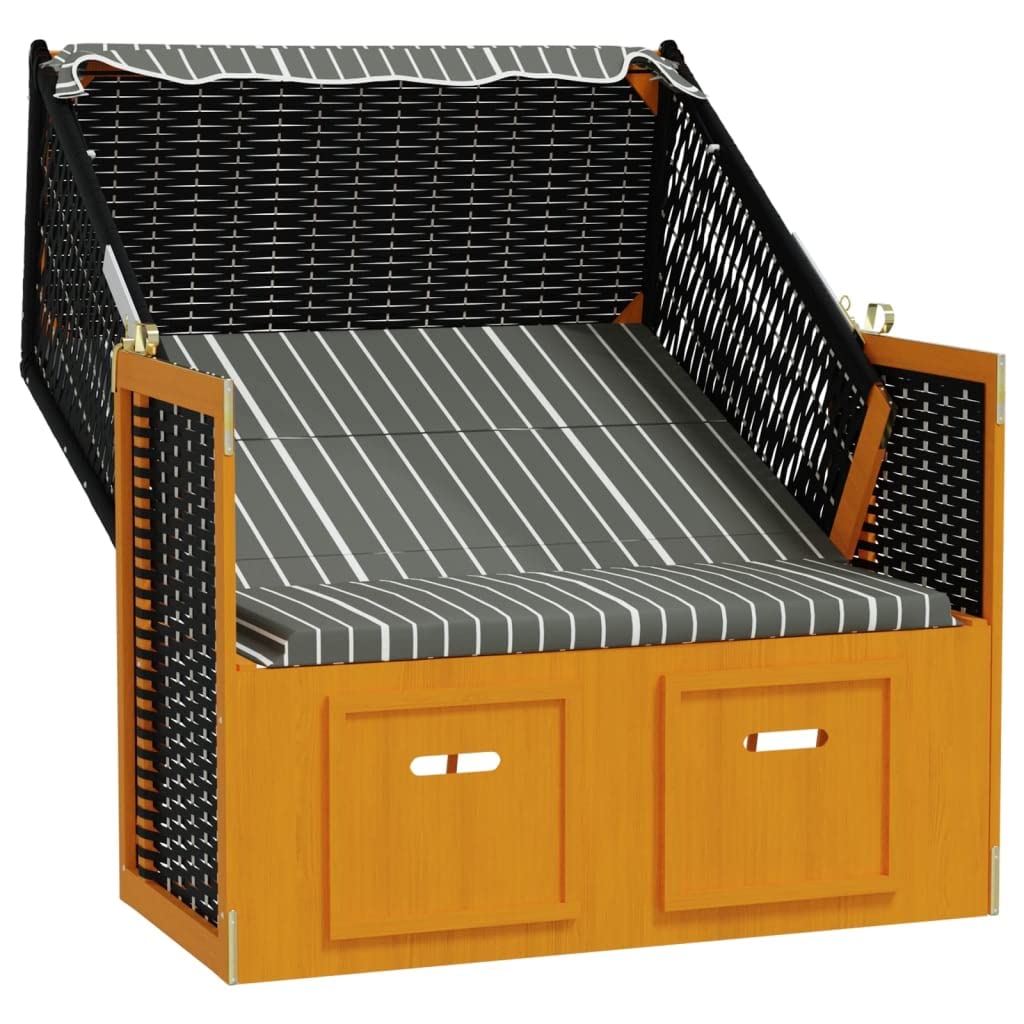 Bussandri Exclusive - Strandkorb mit Dach Poly Rattan und Massivholz Schwarz & Grau