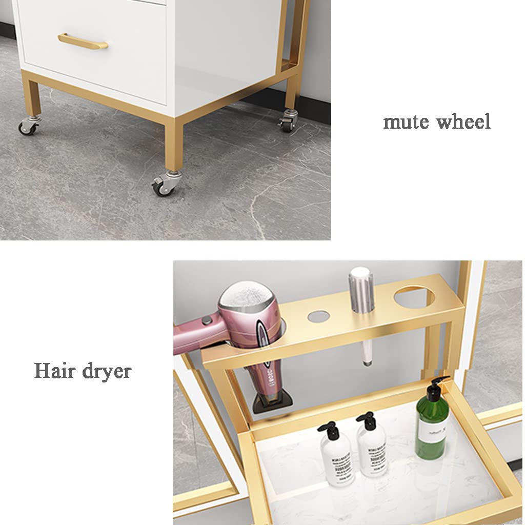 Carrello portautensili professionale per parrucchieri, con 2 cassetti, con guardrail rialzato, carrello per salone di bellezza (oro + nero)