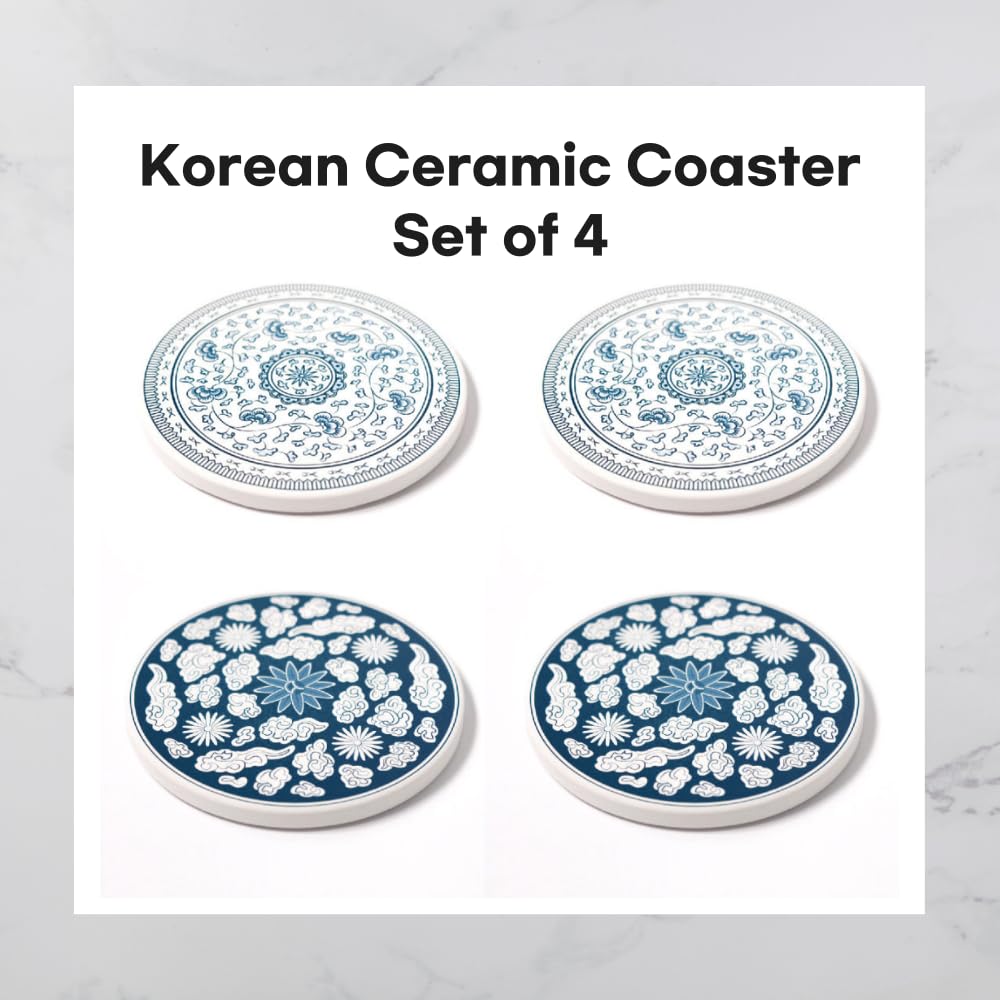MU:DS Lot de 4 sous-verres coréens en céramique – Absorbants, antidérapants, motif vigne bleue et nuage inspiré de la poterie traditionnelle coréenne (bleu et blanc)