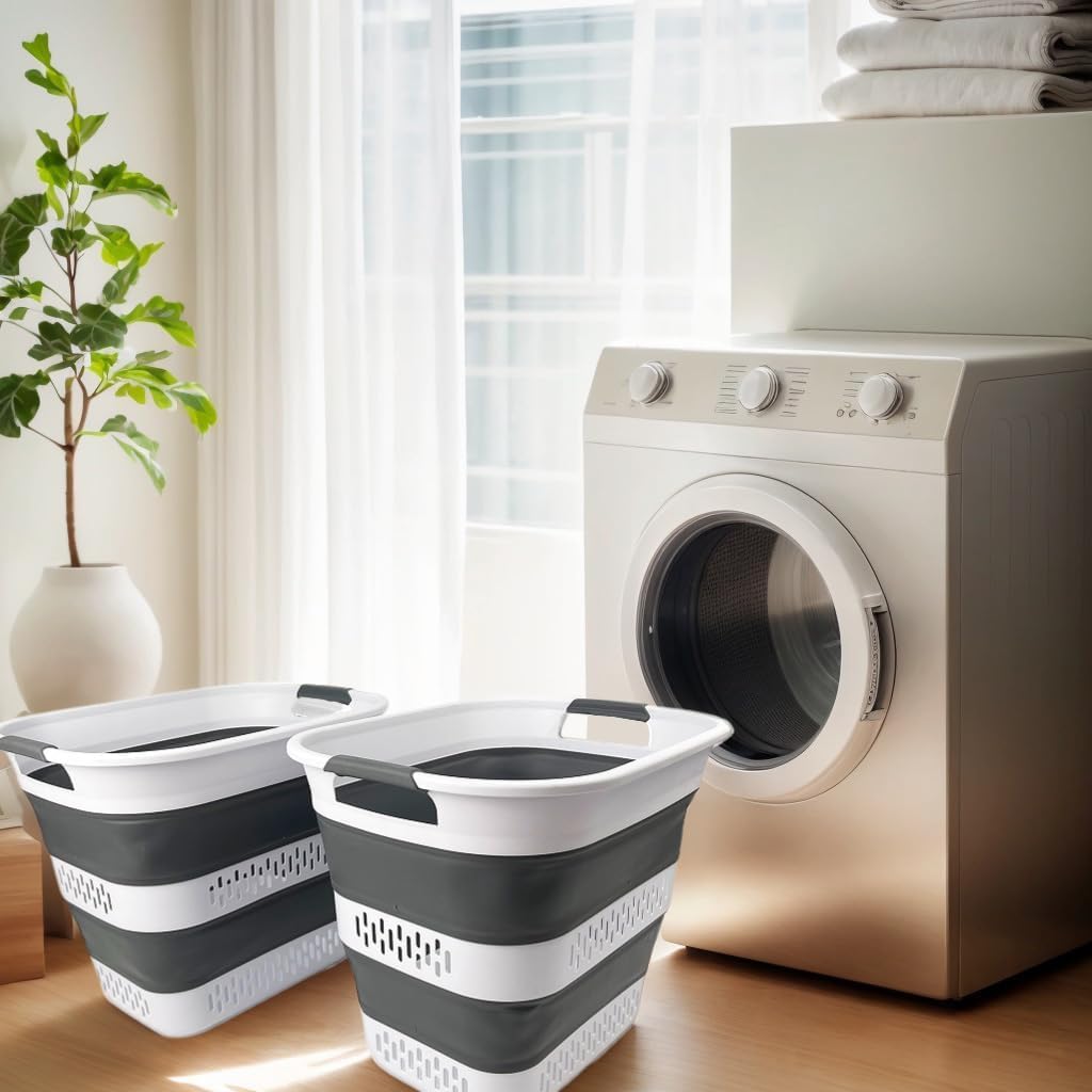 SAMMART 40L (10.5 Gallon) Collapsible Plastic Laundry Basket - Foldable Pop Up Storage Container/Organizer - Portable Laundry Hamper - Space Saving (2, White/Steel Grey)