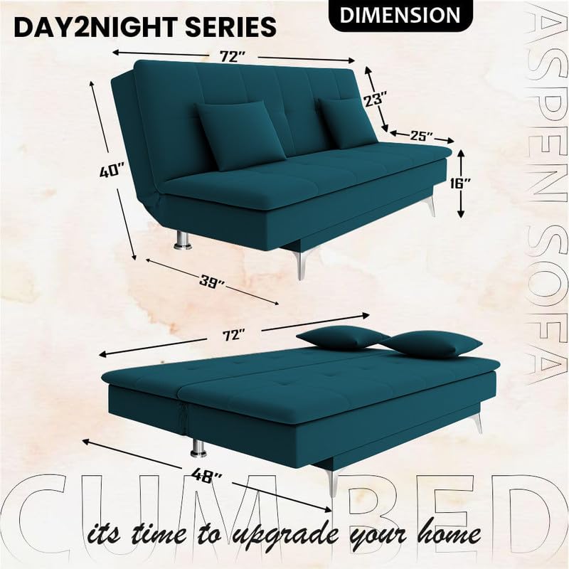 Image of Adorn India Premium New Aspen 3 Seater Sofa Cum Bed 4X6 Velvet Suede with 2 Cushions (Color Ocean Blue) and Suitable for All Indoor, with 3 Years Warranty