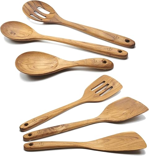 FAAY 6 espátulas y cucharas de madera hechas a mano, utensilios de cocina de teca dorada, 100% naturales y respetuosos con el medio ambiente con