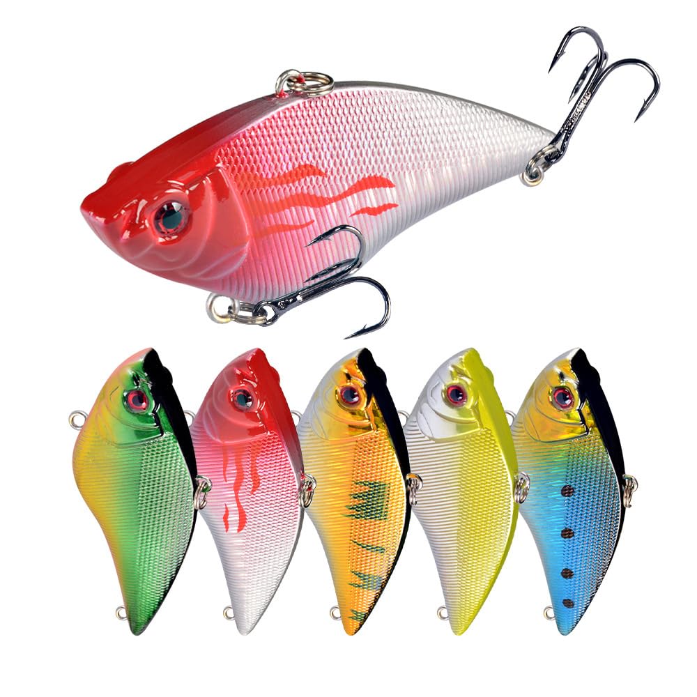 Fishing Lures, Big Hard Minnow VIB Lure with Treble Hook Life-like Swimbait Fishing Bait Popper Crankbait Vibe Sinking Lure for Bass, Trout, Walleye, Redfish（5 Pcs)