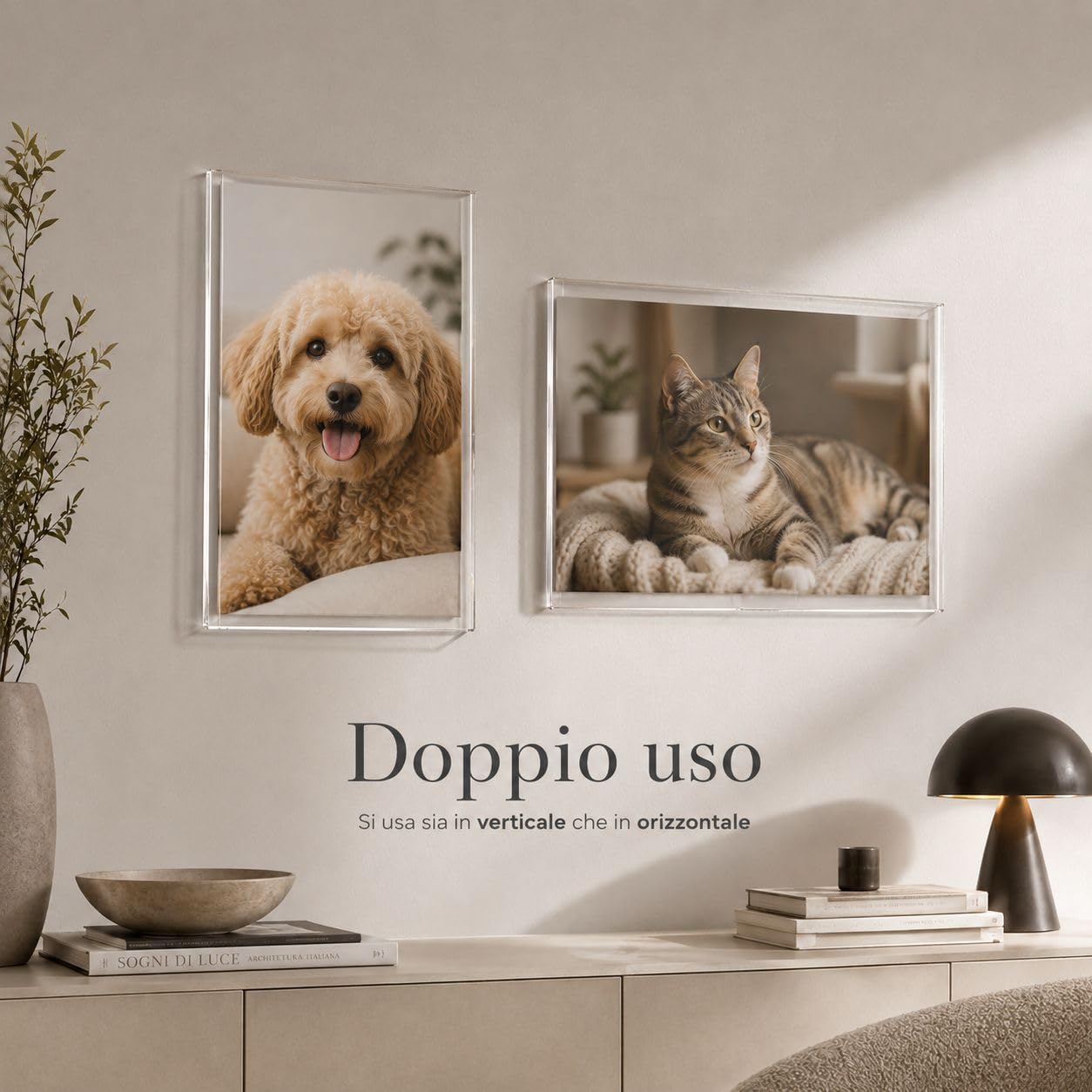 Portafoto da Parete Verticale e orizzontale in Plexiglass Trasparente – Cornice Senza Bordo per Foto, Poster, Avvisi e Certificati – Espositore da Muro Elegante e Moderno – Made in Italy (A3-Set 3 p)