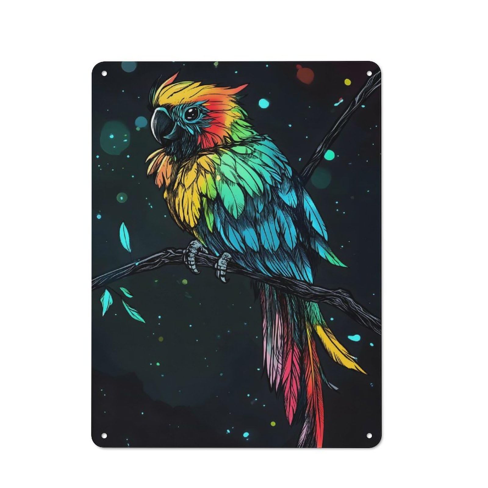 Junmoney Style-10 Rainbow Parrot On Branch Modern Vintage Metal Wall Decor 40X30cm, Tin Sign For Hobby Room, Office, Lounge Or Living Room