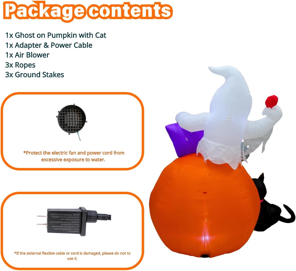 PTS 6フィート インフレータブルゴースト パンプキンと猫 アウトドアデコレーション、ハロウィンブローアップヤードデコレーション、